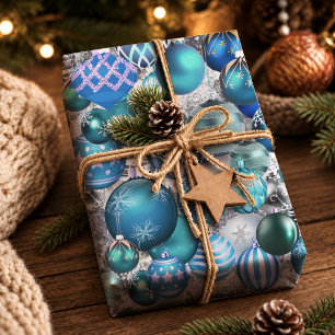 Papel De Presente Enfeites de Natal Modernos Elegantes Azul Água