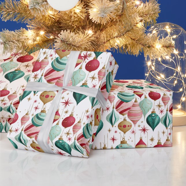 Papel De Presente Enfeites de Natal Retro Rosa e Turquesa (Feriados)