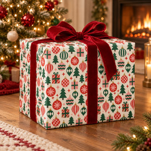 Papel De Presente Enfeites de Natal Retro Vermelhos & Verdes