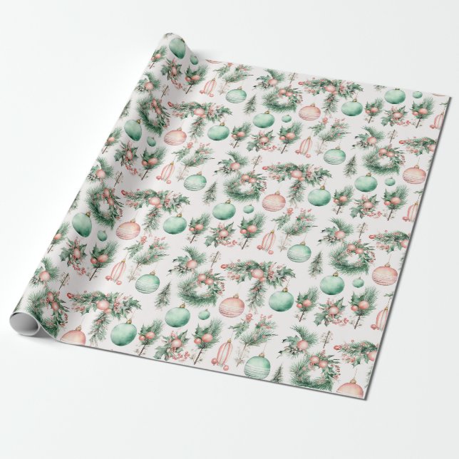 Papel De Presente Enfeites de Natal Rosa Hortelã (Desenrolado)