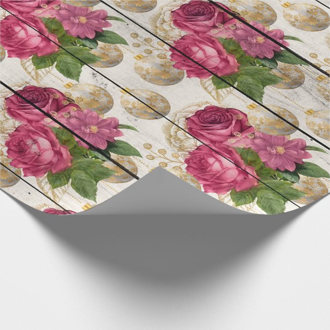 Papel De Presente Enfeites de natal rosa rosa na madeira (Ponta)