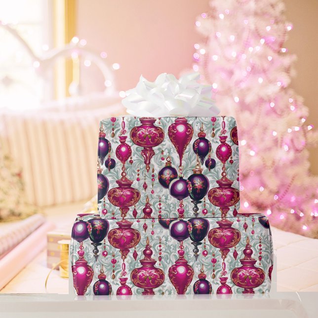 Papel De Presente Enfeites de natal roxos cor-de-rosa Elegante (Criador carregado)