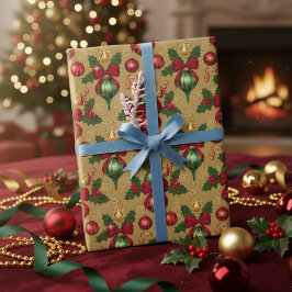 Papel De Presente Enfeites de Natal Vermelhos e Verdes Antigos