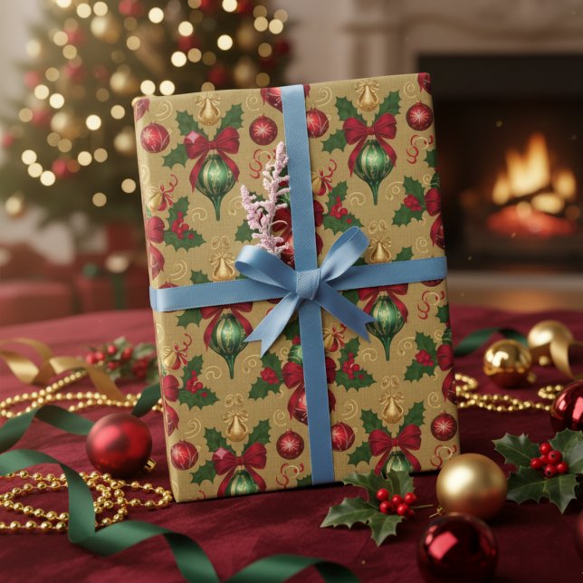 Papel De Presente Enfeites de Natal Vermelhos e Verdes Antigos  (Criador carregado)