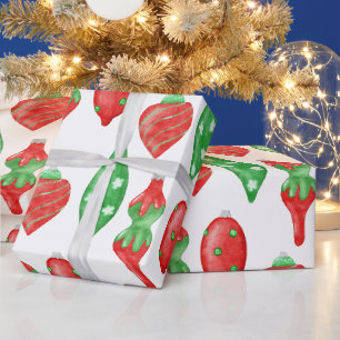 Papel De Presente Enfeites de Natal Vermelhos e Verdes em Aquarela V