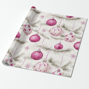Papel De Presente Enfeites de Natal Vintage Rosa Branco