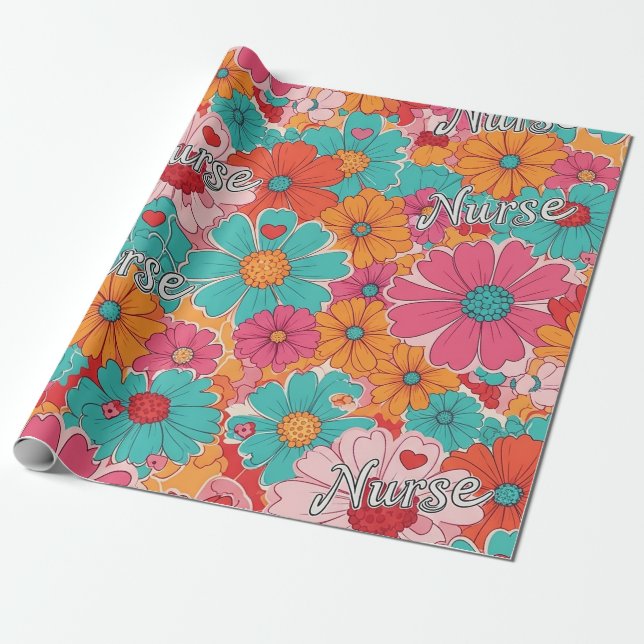 Papel De Presente Enfermeira Colorida Padrão Floral (1) (Desenrolado)