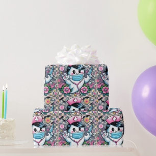 Papel De Presente Enfermeira Fantasma Halloween com Máscara e Sering