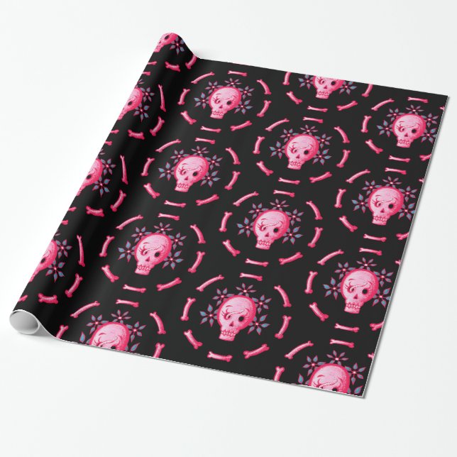 Papel De Presente Engraçado Design do crânio - Crânio rosa com verme (Desenrolado)