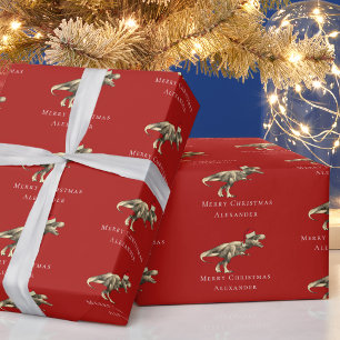 Papel De Presente Engraçado Dinossauro de Natal Personalizado Vermel