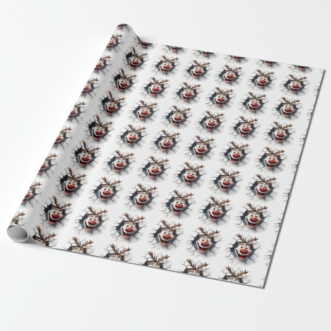 Papel De Presente Engraçado Rudolph, Rena Nosada Vermelha (Desenrolado)