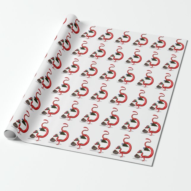 Papel De Presente Engraçado Santa Claus Dragão Vermelho Oriental (Desenrolado)