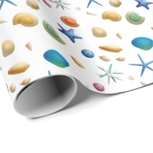 Papel De Presente Enrolamento de Dobras de Seashell e Starfish Náuti