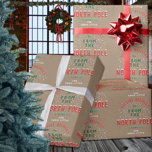 Papel De Presente Entrega Especial Do Polo Norte, Adicione Nome Kraf (Special Delivery From North Pole Add Name Kraft Christmas Holiday Gift Wrapping Paper Rolls)
