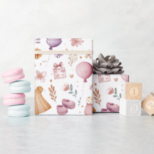 Papel De Presente Envoltório de Chá de Bebê com Aquarela Caprichosa