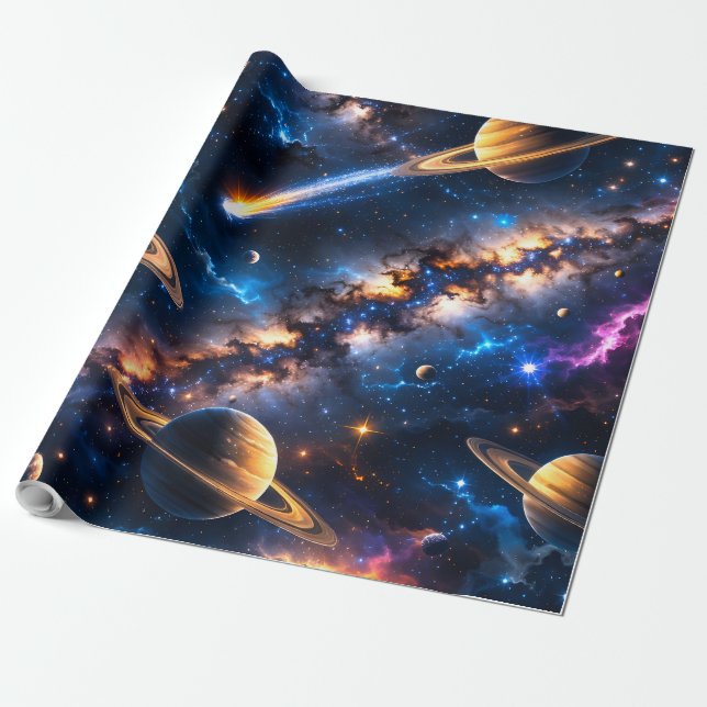 Papel De Presente Envoltório premium de espaço profundo de Saturno (Desenrolado)