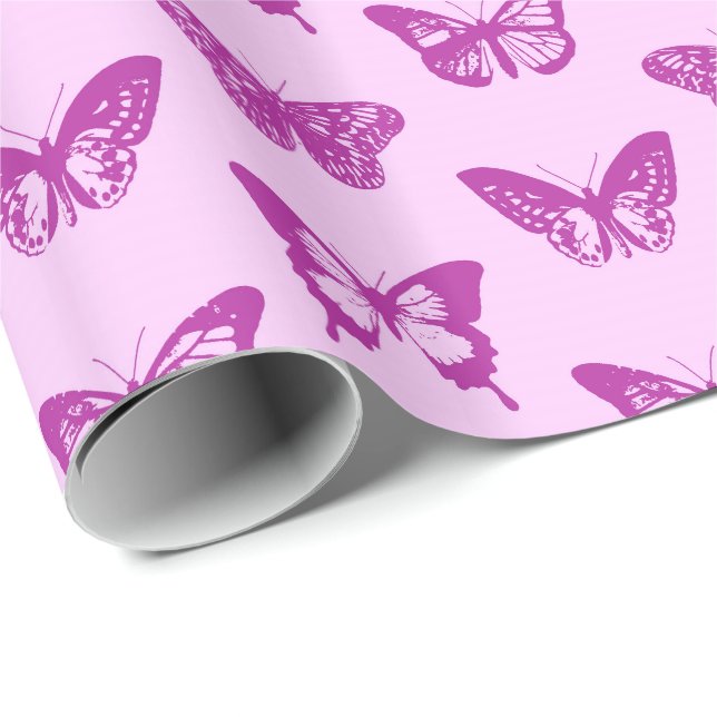 Papel De Presente Esboço da borboleta, rosa-gelo e roxo ametista (Ponta do rolo)