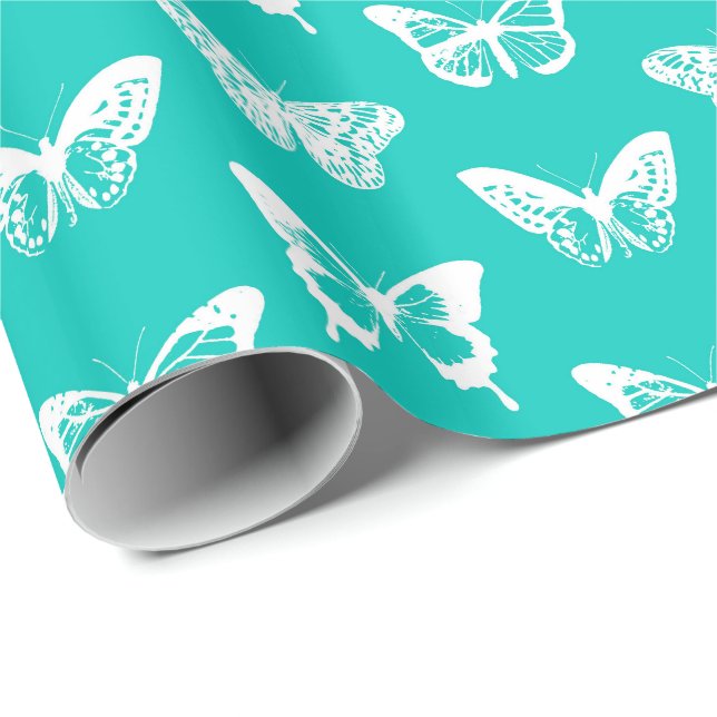 Papel De Presente Esboço da borboleta, turquesa e branco (Ponta do rolo)