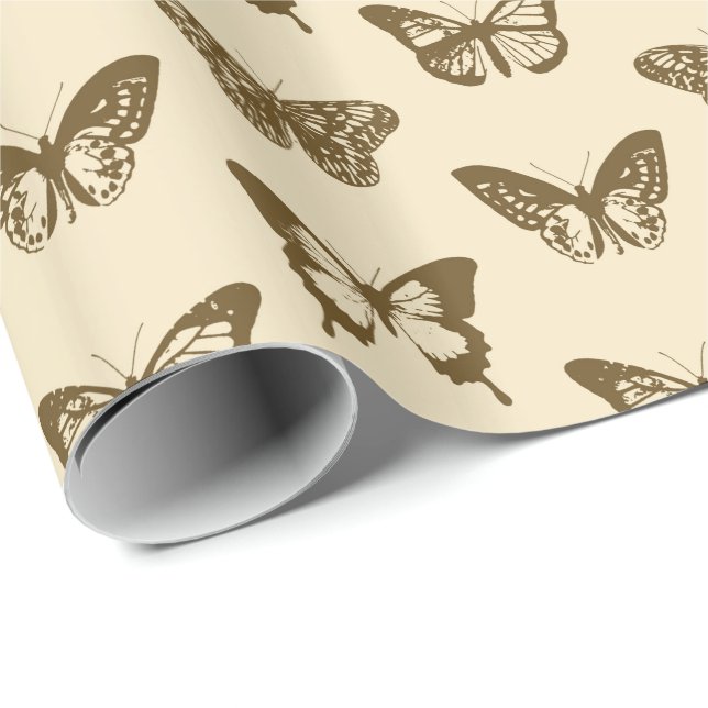 Papel De Presente Esboço de borboleta, marrom chocolate em bege (Ponta do rolo)