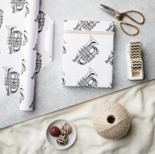 Papel De Presente Esboço de Trompete Preto e Branco Instrumento Musi (Artesanato)