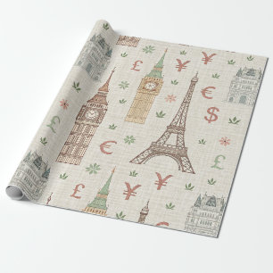 Papel De Presente Esboço de viagem de monumentos mundiais vintage
