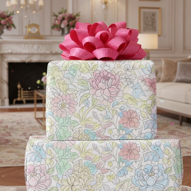 Papel De Presente Esboço Pastel Aquarela Floral (Criador carregado)