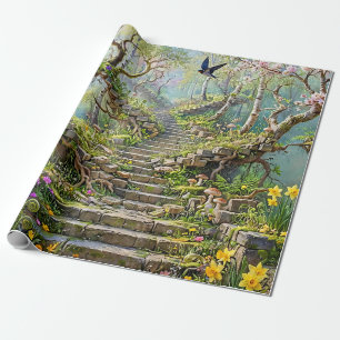 Papel De Presente Escadaria Surrealista de Primavera Engole Flores S