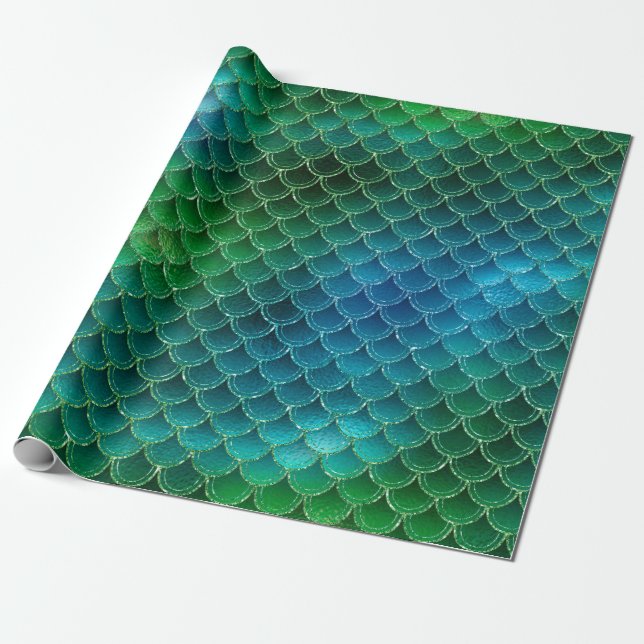 Papel De Presente Escalas de Sereia Verde Azul Aqua (Desenrolado)