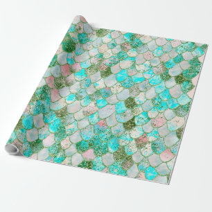 Papel De Presente Escalas Wonky da sereia do brilho do verde da