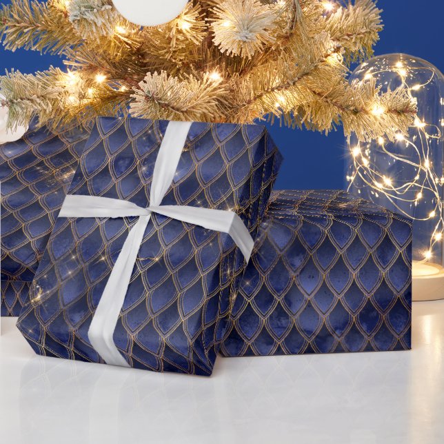 Papel De Presente Escamas de Dragão Azul Marinho e Dourado (Feriados)