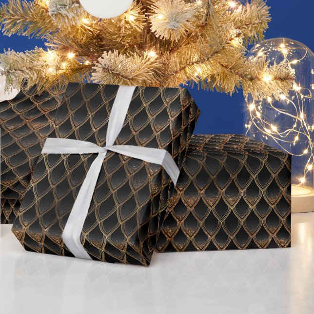 Papel De Presente Escamas de Dragão Brilhantes Preto e Dourado (Feriados)