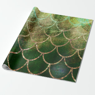 Papel De Presente Escamas de Peixe de Sirena Brilho Verde e Dourado