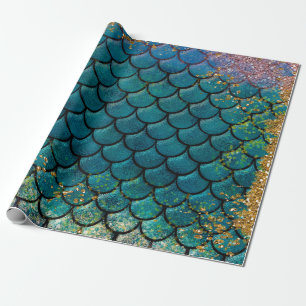Papel De Presente Escamas de Peixe Sereia Glam Teal Roxo Dourado Bri