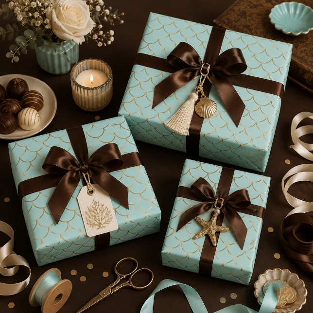Papel De Presente Escamas de sereia azuis e douradas lindas (Criador carregado)