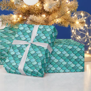 Papel De Presente Escamas de sereia glitter ombre azul-petróleo eleg