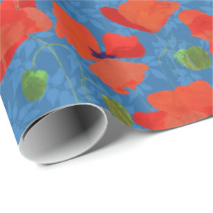 Papel De Presente Escarlate Field Poppies em Folha Azul Fundo