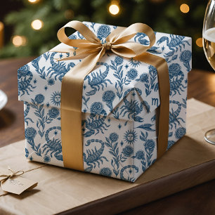 Papel De Presente Escorpião Zodíaco Intrincado Celestial Floral Azul