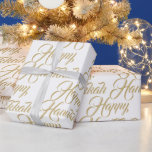 Papel De Presente Escrita elegante e elegante de ouro branco feliz H<br><div class="desc">Feliz Hanukkah falsa ouro e moderno e branco,  papel de enfeite. Padrão de tipografia de script dourado em branco de fundo.</div>