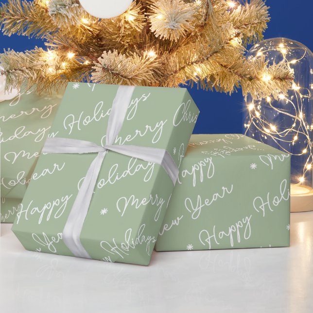 Papel De Presente Escuro de Natal Feliz e Verde Sage (Feriados)