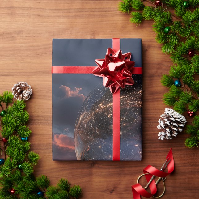 Papel De Presente Esfera Reflexiva Surreal Contendo Estrelas (Presente de Natal)