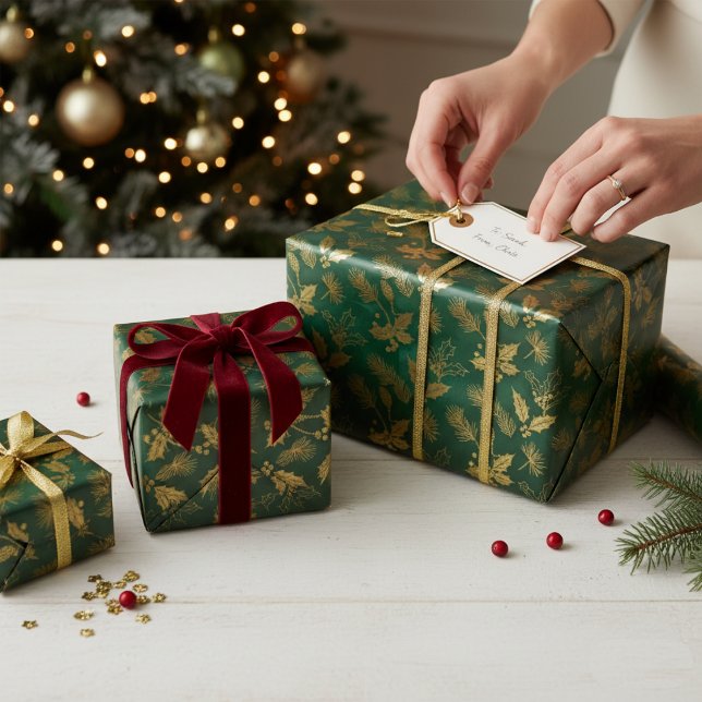 Papel De Presente Esmeralda & Ouro Opulência Real de Natal (Criador carregado)