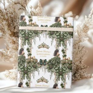 Papel De Presente Esmeralda Verde Tiara Floral Dourada Quinceañera
