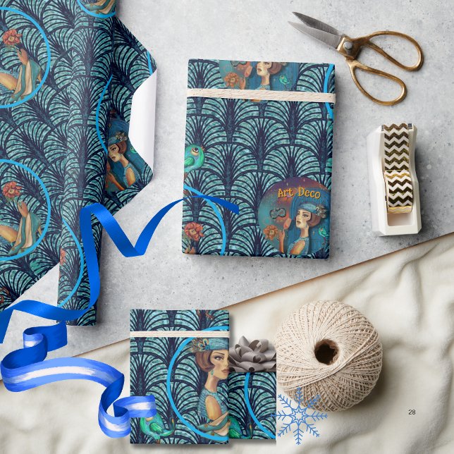 Papel De Presente Espantosa de 20 anos em azul (Roaring 20's Art Deco Lady in Blue Wrapping Paper)