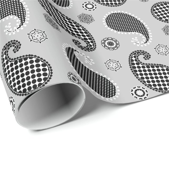 Papel De Presente Espelho da Paisley, cinzas prateadas, preto e bran (Ponta do rolo)