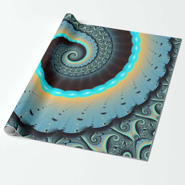 Papel De Presente Espiral de Arte Fractal Laranja abstrato azul Turq (Desenrolado)