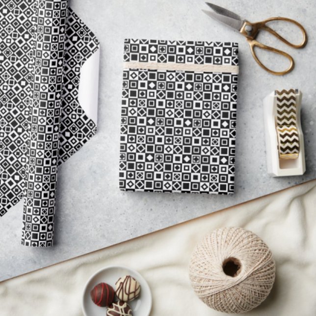 Papel De Presente Esquadrão de Diamante Elegante Branco Preto (Criador carregado)
