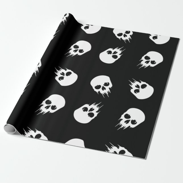 Papel De Presente esqueleto branco preto do crânio de halloween (Desenrolado)