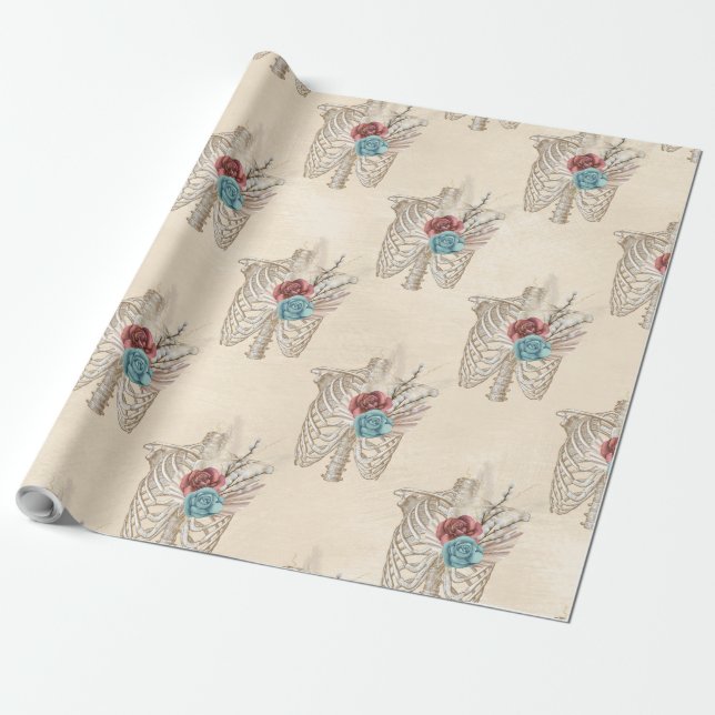 Papel De Presente Esqueleto com Rosas (Desenrolado)