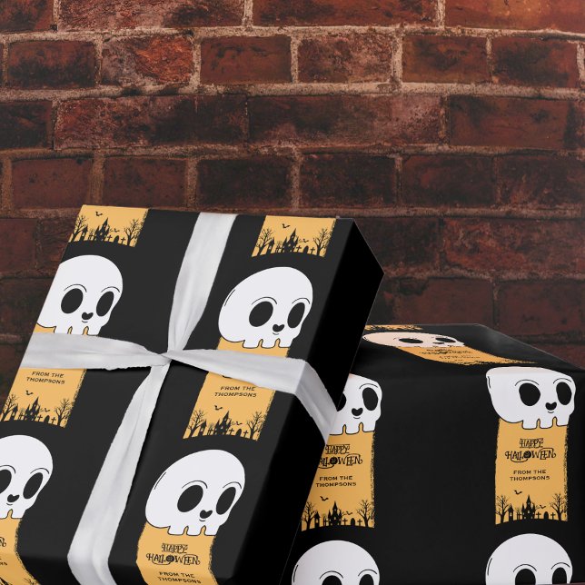Papel De Presente Esqueleto Crânio Cemitério Preto Gótico Halloween (Criador carregado)