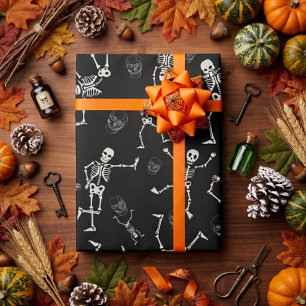 Papel De Presente Esqueleto Dançante Preto e Branco Divertido Hallow